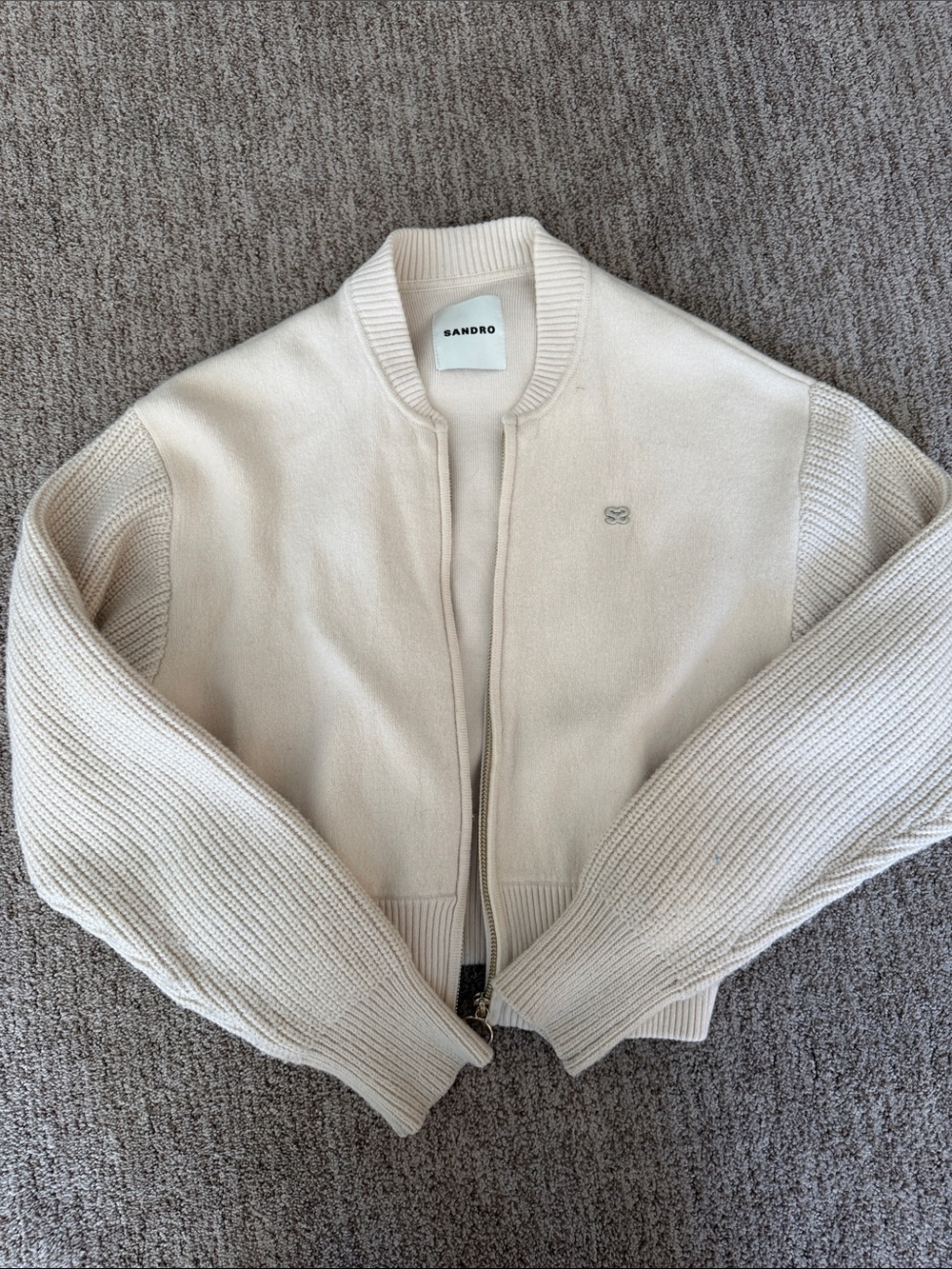 Sandro Off-White Knit-Sleeve Bomber Jacket